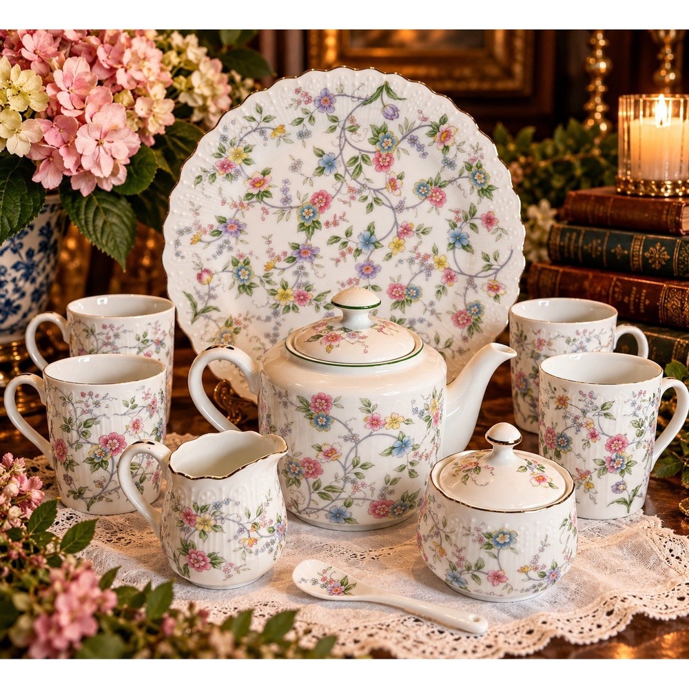 Andrea by Sadek Corona Fine China 9 Pc Set Teapot Mugs Sugar Spoon Creamer Plate